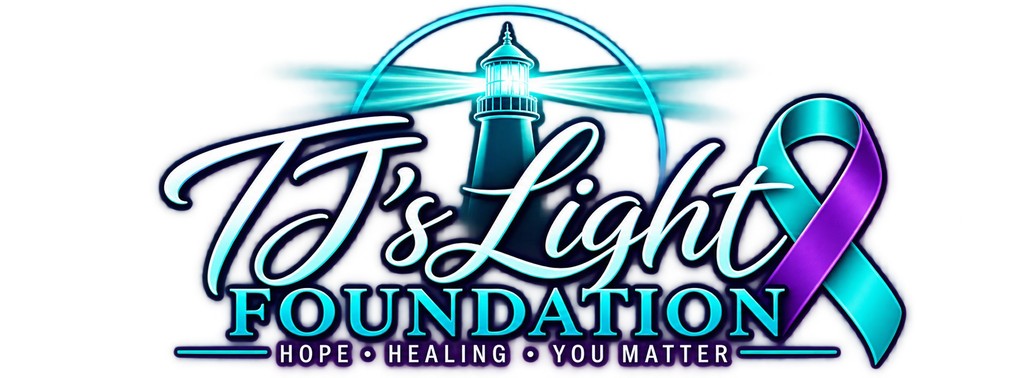 TJ's Light Foundation logo — a lighthouse beaming light beside a teal and purple suicide-prevention awareness ribbon, with the words Hope, Healing, You Matter